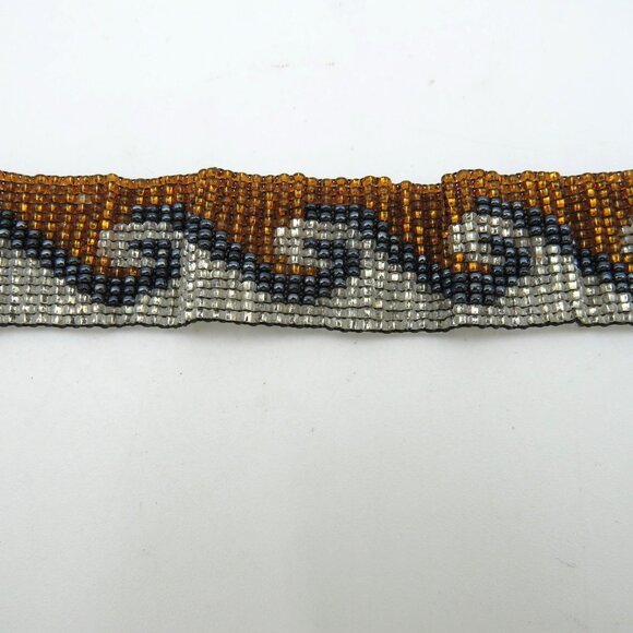 Handmade Beaded Cuff Bracelet Seed Bead Wave Pattern Amber Silver Black Boho - Picture 4 of 10